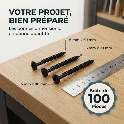 Vis bois penture Torx 6 x 80 mm Zinguée noire - Boite de 100 pcs