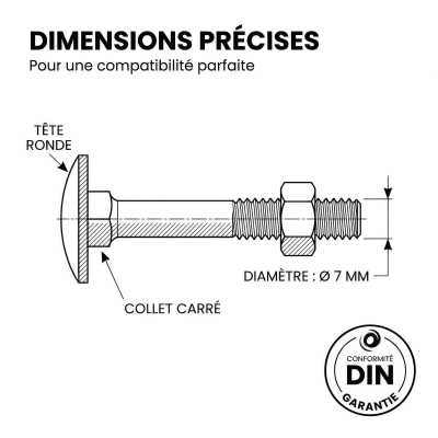 200 Boulons tête ronde collet carré DIN603/555 acier zingués blanc diamètre 7,0 mm 2