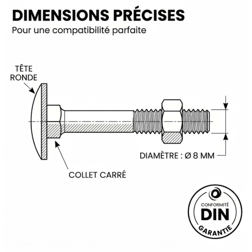 100 Boulons tête ronde collet carré DIN603/555 acier zingués blanc diamètre 8,0 mm