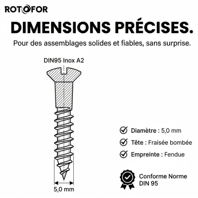 100 Vis Bois tête fraisée bombée fendue DIN95 A2 - diamètre 5,0 mm