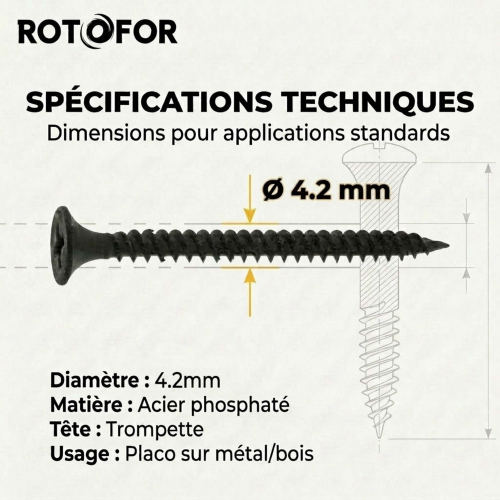 500 Vis Cloison sèche/placo autoperceuse acier phosphaté noir 4.2X 70/50