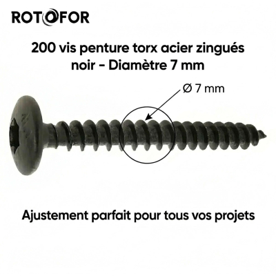 200 Vis Penture Torx acier zingués Noir 7,0 mm 2