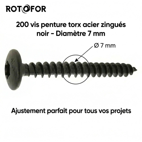 200 Vis Penture Torx acier zingués Noir 7,0 mm
