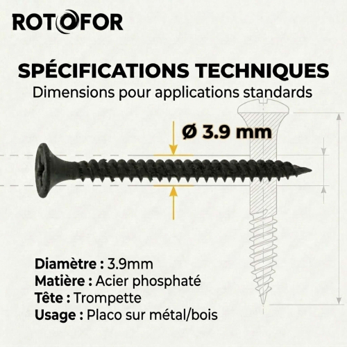 500 Vis Cloison sèche/placo autoperceuse acier phosphaté noir diamètre 3,9 mm