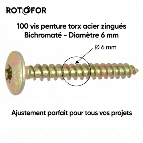 100 Vis Penture Torx acier bichromatées (jaune/or) - Diamètre 6 mm