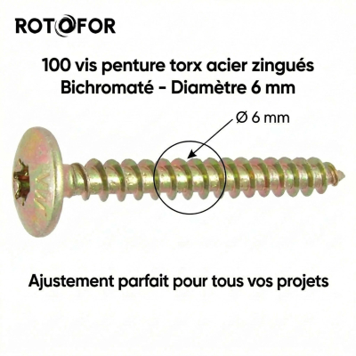 100 Vis Penture Torx acier bichromatées (jaune/or) - Diamètre 6 mm