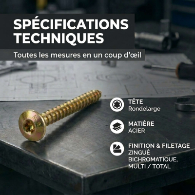 250 Vis Penture Torx acier bichromatées (jaune/or) - Diamètre 6 mm