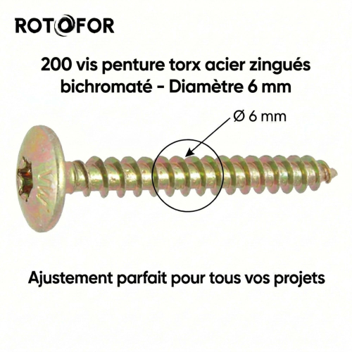 200 Vis Penture Torx acier bichromatées (jaune/or) diamètre 6 mm