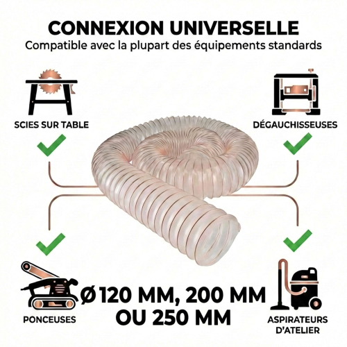 Gaine flexible d'aspiration en polyuréthane pour aspirateur à copeaux haute résistance - Longueur 5 mètres