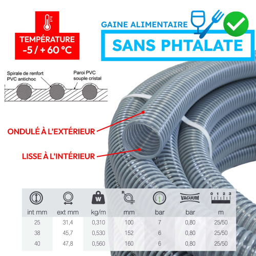 Gaine de refoulement flexible qualité alimentaire sans phtalate - Longueur 25 mètres