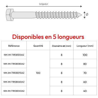 Lot de 100 Tirefonds en acier inoxydable A2 - DIN 571 - Tête Hexagonale - Diamètre 8 mm