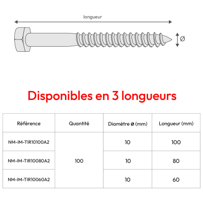 Lot de 100 tirefonds en acier inoxydable A2 - DIN 571 - Tête hexagonale - Diamètre 10mm