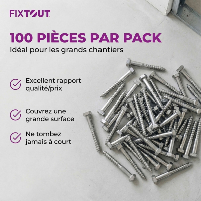 Lot de 100 tirefonds en acier inoxydable A2 - DIN 571 - Tête hexagonale - Diamètre 10mm