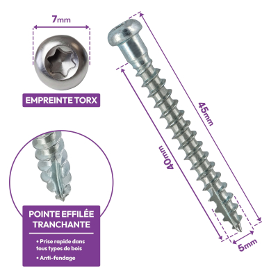 500 Vis pour connecteurs - CSA - Spéciales sabots de charpente - Tête Torx - Pointe anti fendage - épaulement large - diam 5mm