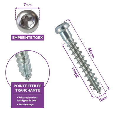 500 Vis pour connecteurs - CSA - Spéciales sabots de charpente - Tête Torx - Pointe anti fendage - épaulement large - diam 5mm