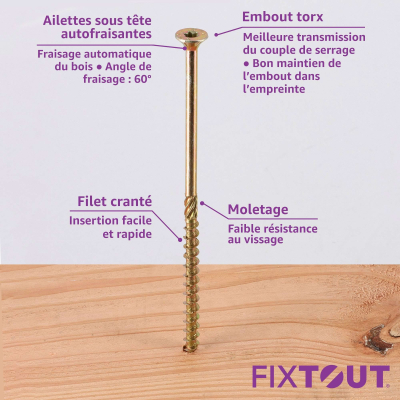 100 Vis bois Torx à tête fraisée plate expert - Acier galvanisé - anti-fendage - moletage de serrage