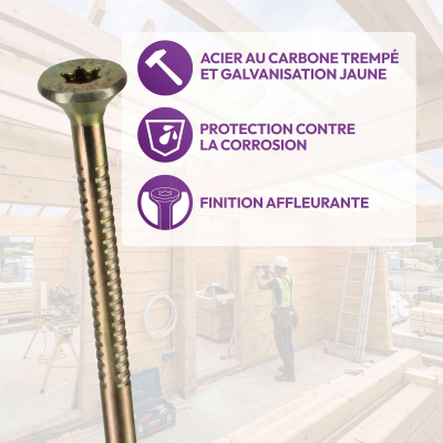 50 Vis bois Torx à tête fraisée plate expert - Acier galvanisé - anti-fendage - moletage de serrage