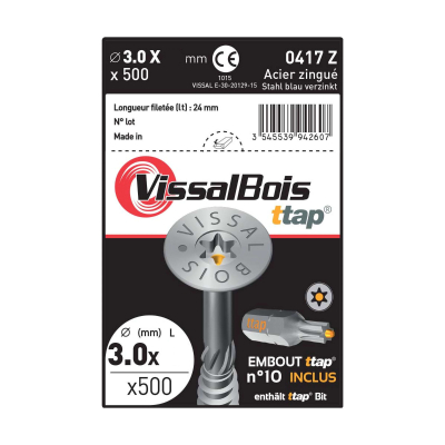 Boîte de 500 vis agglo Torx10 zinguées à filetage partiel torx/ttap ailette 40mm - diam 3 mm