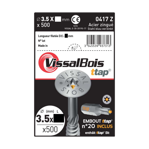 Boite de 500 vis agglo Torx20 zinguées à filetage partiel torx/ttap ailette 35/40/50mm - diam 3.5 mm