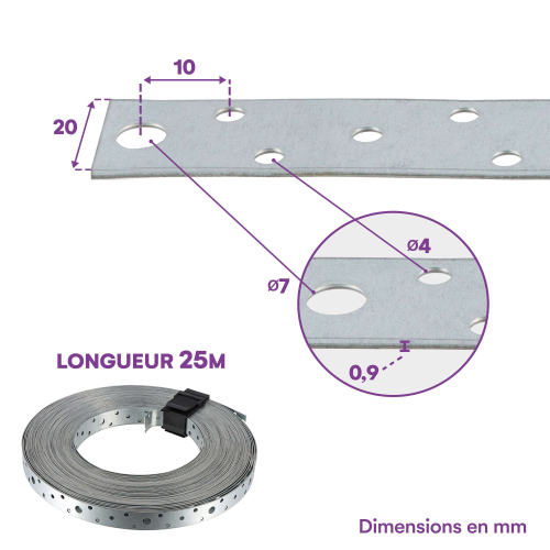 Feuillard perforé galvanisée - 20 x 0,9 mm x 25m