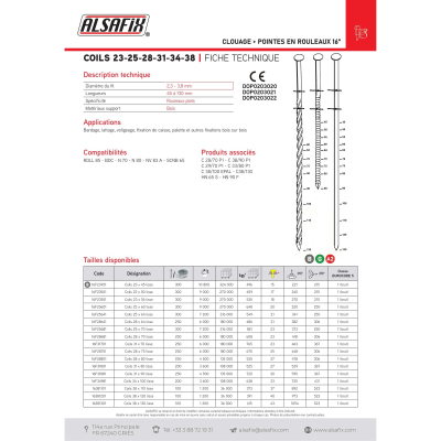 Coil de 6 000 pointes lisses 16° COILS 28 D. 2,8 x 64 mm - 16F28641 Alsafix