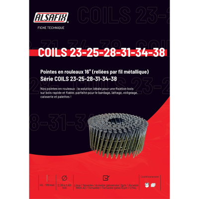 Coil de 4 500 pointes annelées INOX 16° tête bombée (TB) COILS 28/31 D. 2,8/3,1 x 80 mm - 16F28808 Alsafix