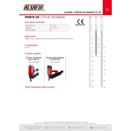 2 200 pointes lisses en bande P.E 20° D. 2,9 x 50 mm - 20290501 Alsafix