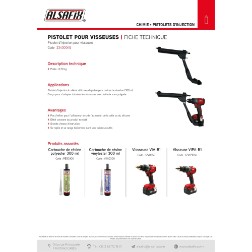 Pistolet d' injection 300 ml compatible sur toutes les visseuses - 234300KG - Alsafix
