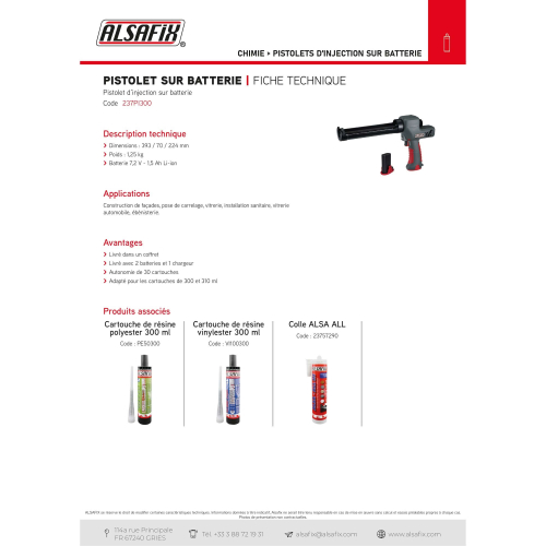 Pistolet d'injection Pro sans fil 7,4V 1,5 Ah pour cartouches de 300 à 310 ml - 237PI300 - Alsafix