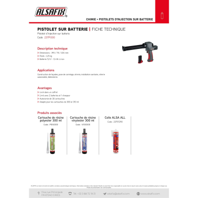 Pistolet d'injection Pro sans fil 7,4V 1,5 Ah pour cartouches de 300 à 310 ml - 237PI300 - Alsafix