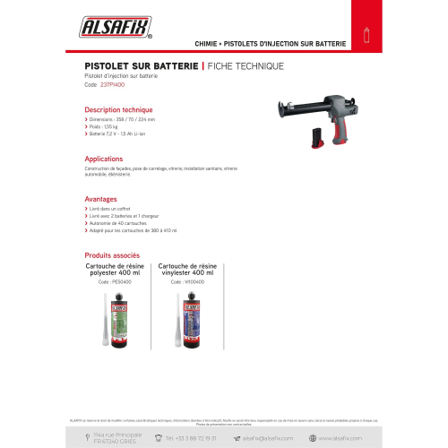 Pistolet d'injection Pro sans fil 7,4V 1,5 Ah pour cartouches de 380 à 410 ml - 237PI400 - Alsafix
