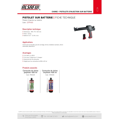 Pistolet d'injection Pro sans fil 7,4V 1,5 Ah pour cartouches de 380 à 410 ml - 237PI400 - Alsafix
