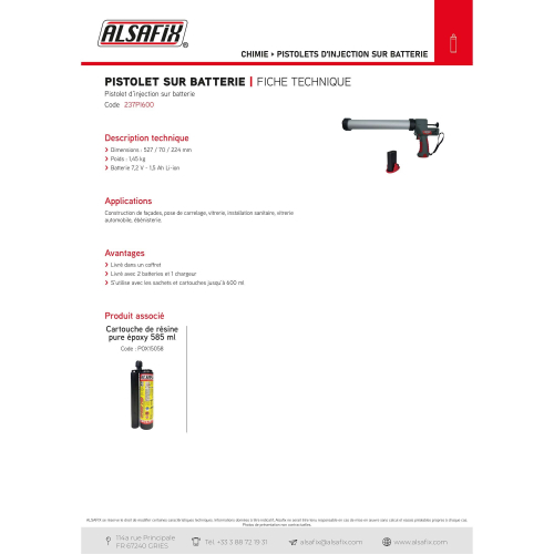 Pistolet d'injection Pro sans fil 7,4V 1,5 Ah pour cartouches rigide et souple jusquÕà 600 ml - 237PI600 - Alsafix