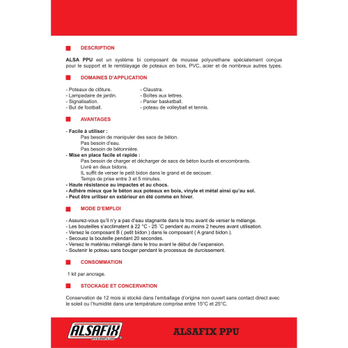 Mousse PU pour ancrage de poteaux ALSA-PPU - Scellement rapide bois/PVC/Acier - Alsafix