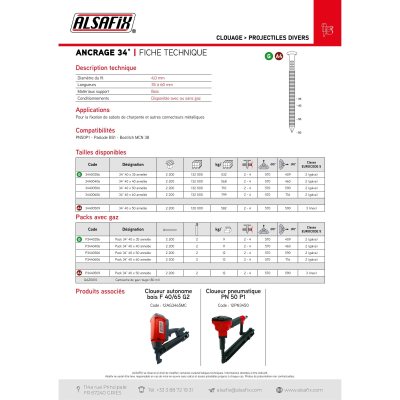 2 200 pointes d'ancrage annelées galvanisées en bande 34° 40 x L. 35 mm - 34400356 Alsafix