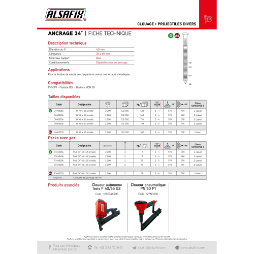 2 200 pointes d'ancrage annelées galvanisées en bande 34° 40 x L. 40 mm - 34400406 Alsafix
