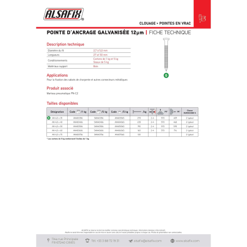 Pointe d'ancrage galva 4x75 - 5 kg