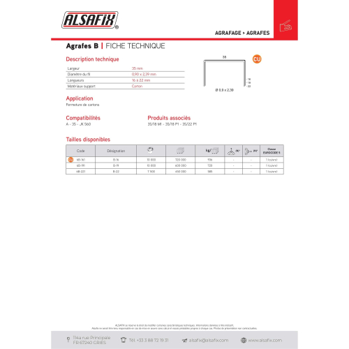 7 500 agrafes cuivrées B-22 - 35 x 22 x D. 0,9 x 2,39 mm - 6B-221 - Alsafix