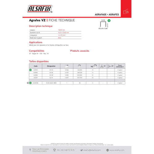 Blister de 2 800 agrafes galvanisées VZ-06 - 10,55 x 6 x D. 0,43 x 0,68 mm - 6VZ061BL - Alsafix