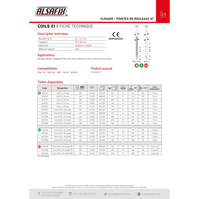 Coil de 16 800 Pointes Lisses COILS 21 16° D. 2,1 mm - Alsafix