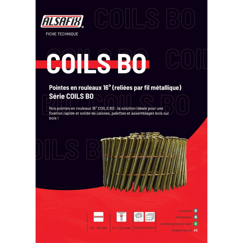 Coil de 7 200 pointes annelées INOX tête bombée (TB) 16° BO 21/23 D. 2,1/2,3 x 55 mm - BO-21558 Alsafix