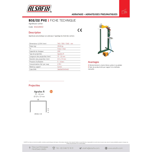 Agrafeuse carton pneumatique B32/22 PV2 - B3222PV2 - Alsafix