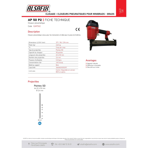 Cloueur pneumatique de finition AP 50 P2 - 10AP502 Alsafix
