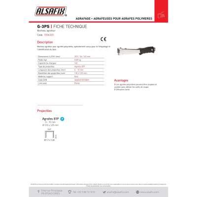 Marteau agrafeur manuel pour agrafes polymères G-3PS - 1006320 - Alsafix