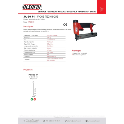 Cloueur pneumatique JA-30 P1 pour minibrads 13 à 30 mm - 101B2130 - Alsafix