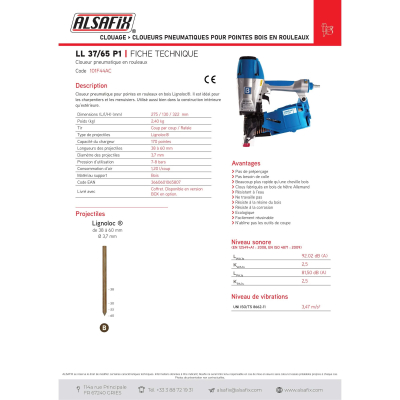 Cloueur pneumatique LignoLoc LL 37/65 P1 spécial pointes bois D. 3,7 mm - 101F44AC - Alsafix