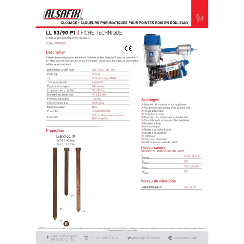 Cloueur pneumatique LignoLoc LL 53/90 P1 spécial pointes bois D. 4,7 ou 5,3 mm - 101F60LL - Alsafix