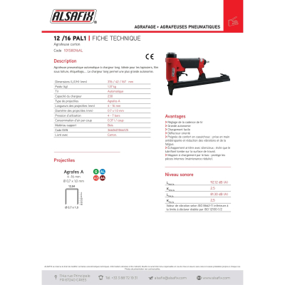 Agrafeuse pneumatique automatique 12/16 PAL 1 pour agrafes A de 4 à 16 mm - 101S8016AL - Alsafix
