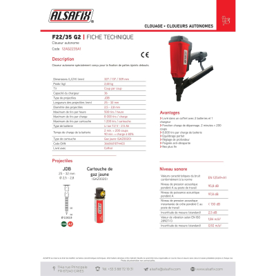 Cloueur à gaz F 22/35 G2 sans fil 6 V NiMh pour pointes 20 et 25° - 12AG2235A1 - Alsafix