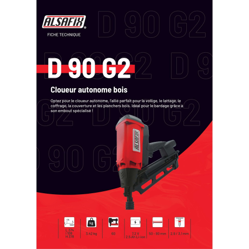 Cloueur à gaz D 90 G2 sans fil 7,2 V pour pointes 34° - 12AG3490 - Alsafix